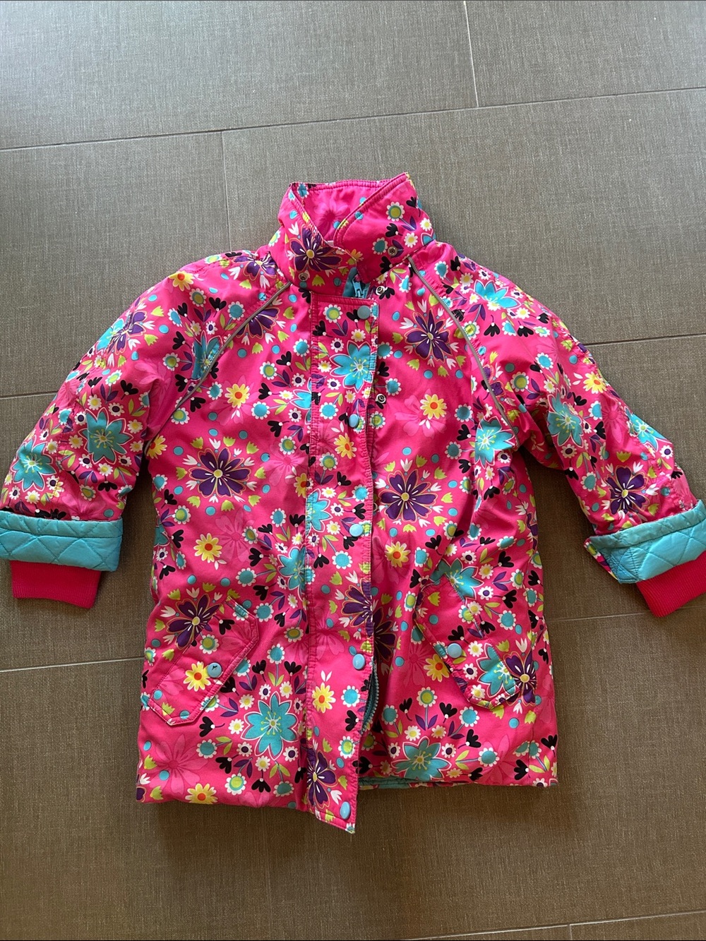 Hanna Andersson Bright Pink Floral Puffer Jacket with Teal Accents
